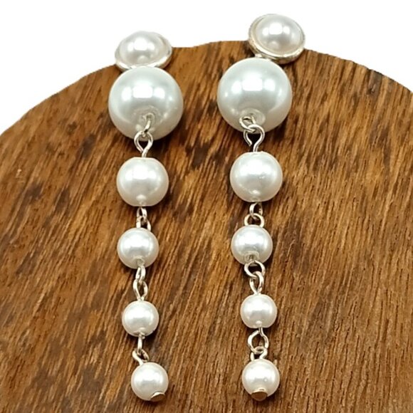 Long Faux Pearl Drop Dangle Earrings Silver Tone Chain Statement - Picture 1 of 11